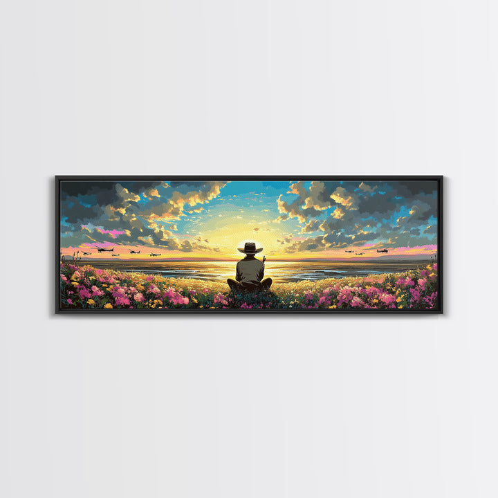 Seated Traveler In Flowered Meadow, Golden Sky Over Wide Valley, Peaceful Wall Art, Landscape Canvas Print, Cozy Home Decor