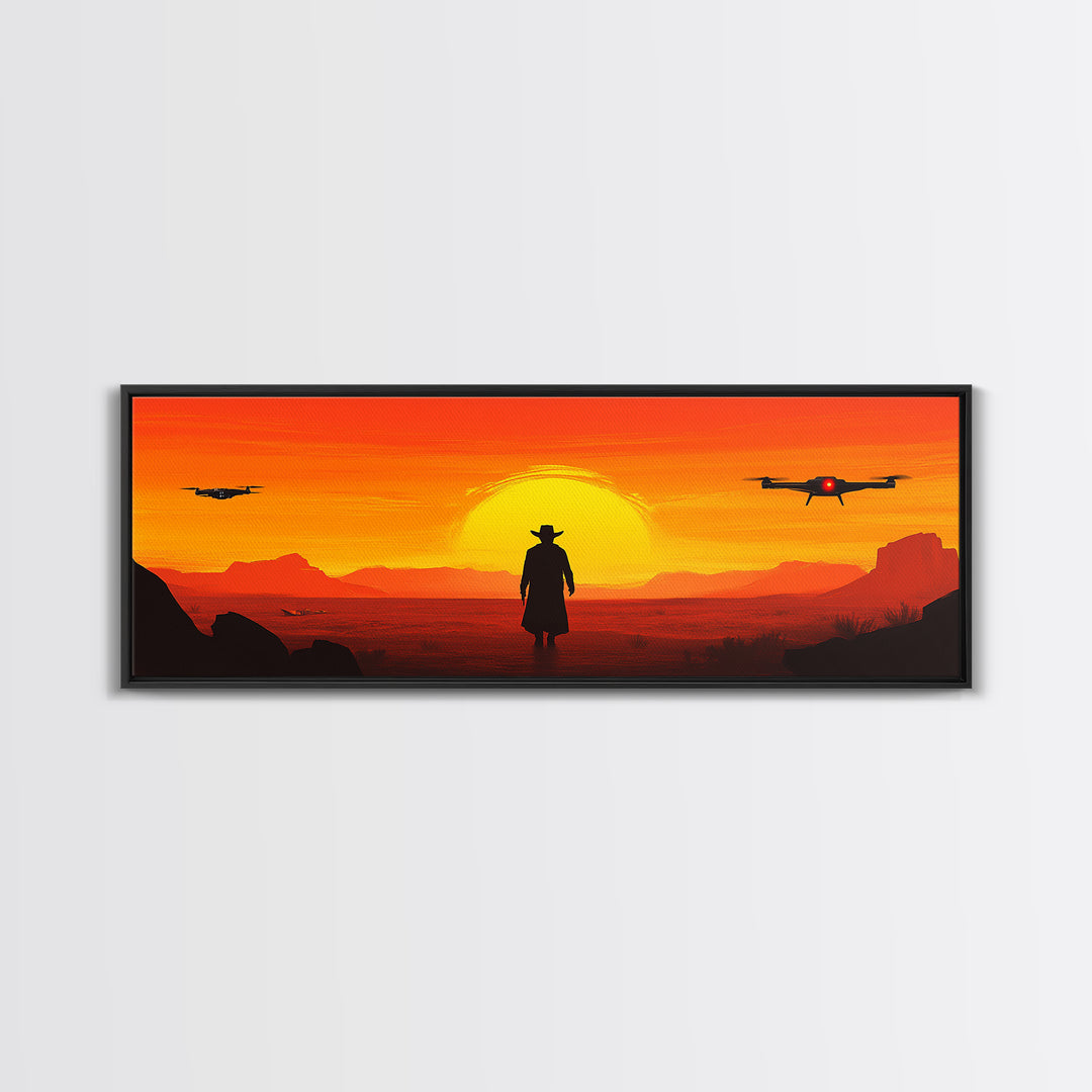 Lone Cowboy And Hovering Drones At Blazing Sun, Red Desert Western Wall Art, Sci Fi Canvas Print, Futuristic Home Decor, Desert Art