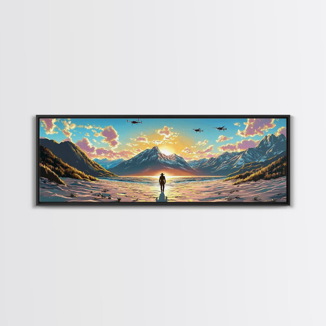 Snowy Alpine Sunset Explorer Wall Art, Panoramic Canvas Print, Mountain Landscape, Sci Fi Decor, Large Living Room Decor