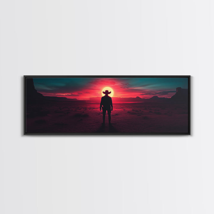 Crimson Desert Cowboy Silhouette Wall Art, Framed Canvas Print, Western Decor, Moody Landscape, Large Man Cave Wall Decor
