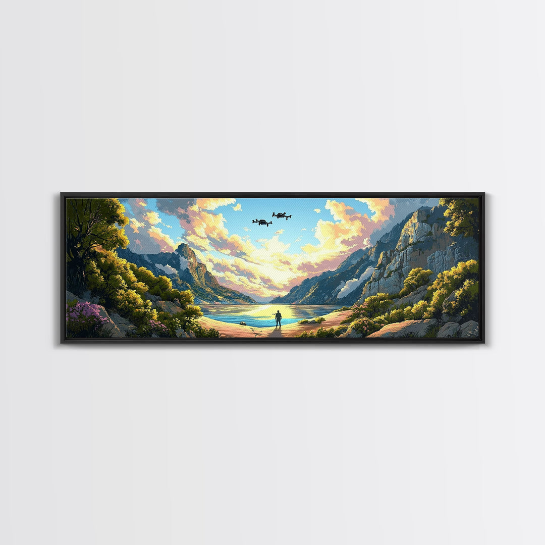 Verdant Mountain Lake Explorer Wall Art, Panoramic Canvas Print, Nature Landscape Art, Japandi Decor, Large Home Wall Decor