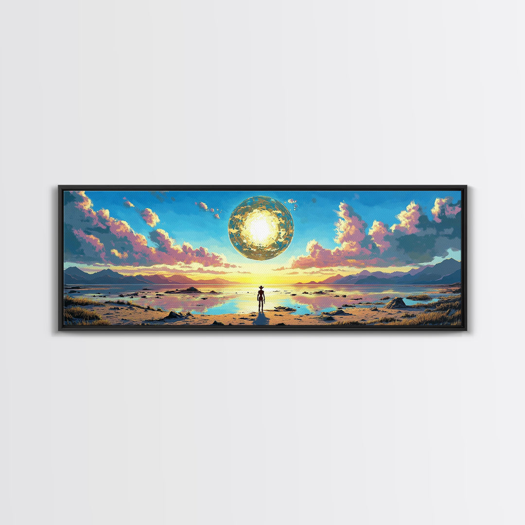 Golden Celestial Orb Wall Art, Panoramic Canvas Print, Modern Sci Fi Landscape, Surreal Art, Large Living Room Wall Decor