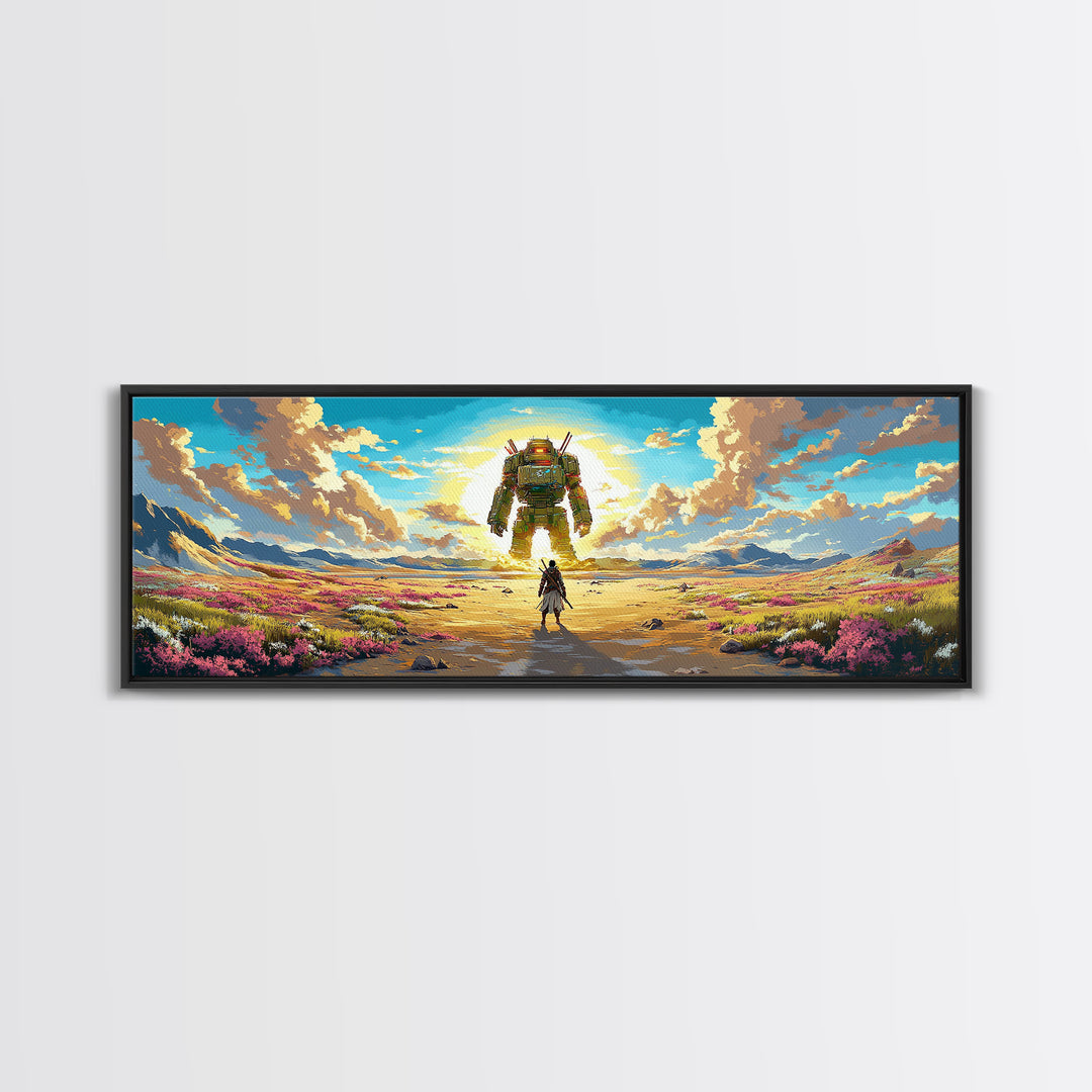 Colossal Mech And Wanderer Wall Art, Panoramic Canvas Print, Futuristic Landscape, Sci Fi Decor, Large Gaming Room Decor