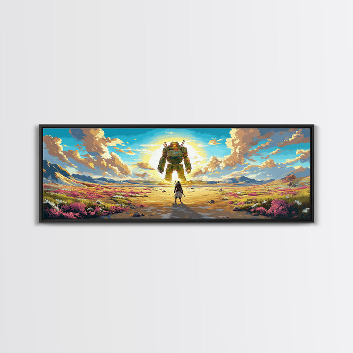 Colossal Mech And Wanderer Wall Art, Panoramic Canvas Print, Futuristic Landscape, Sci Fi Decor, Large Gaming Room Decor