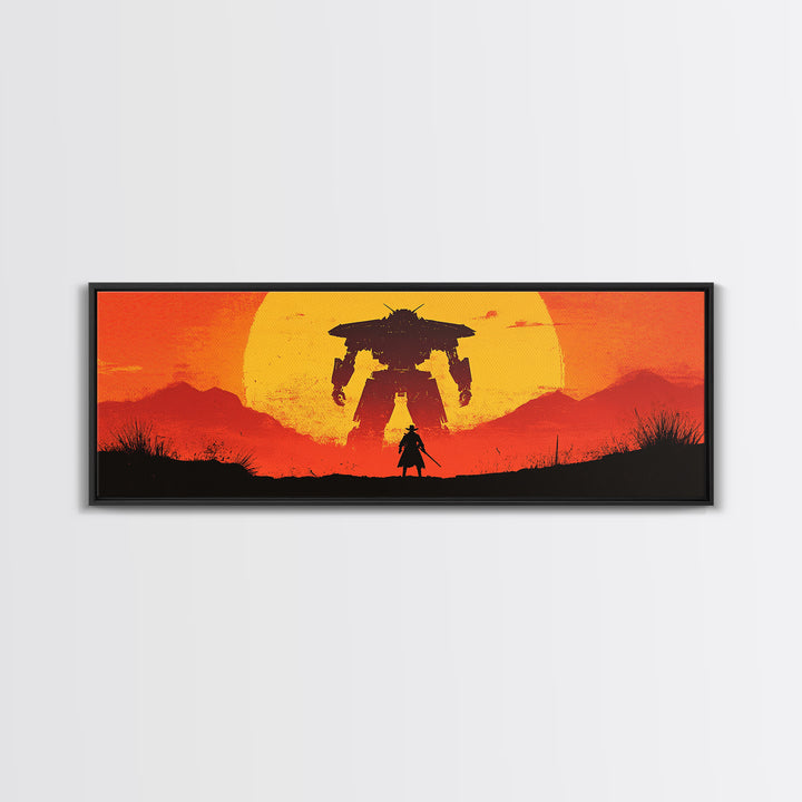 Samurai Facing Giant Mech At Orange Sunset Wall Art, Retro Sci Fi Fantasy Poster, Gaming Room Decor, Futuristic Canvas Print