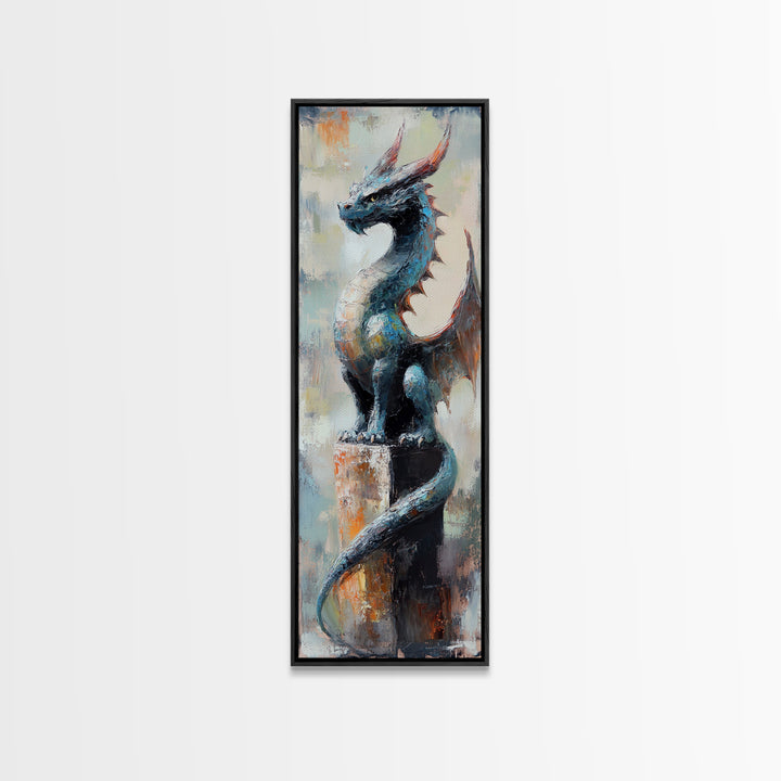 Blue Dragon Statue Canvas Print, Fantasy Wall Art, Gothic Fairy Tale Decor, Mythical Creature Art, Unique Gift For Gamer