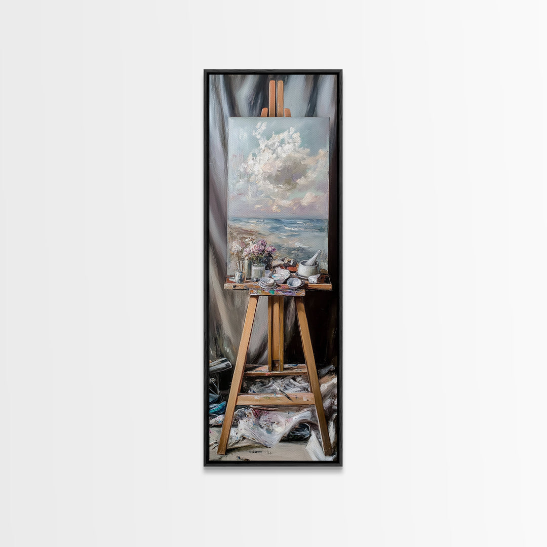Seascape Painting On Studio Easel Framed Canvas Print, Coastal Wall Art, Artist Gift, Ocean Decor, Art Studio Home Decor