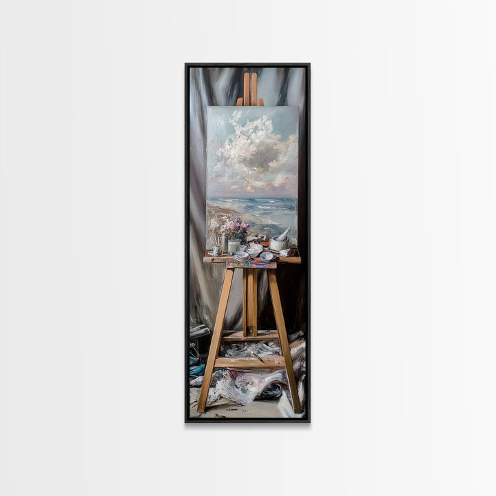 Seascape Painting On Studio Easel Framed Canvas Print, Coastal Wall Art, Artist Gift, Ocean Decor, Art Studio Home Decor
