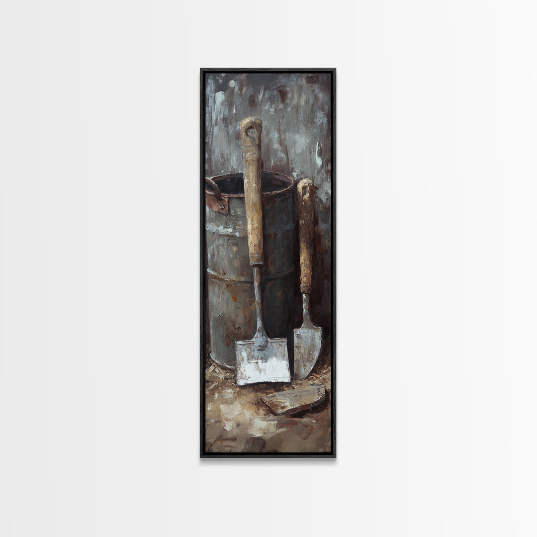 Rustic Shovels In Metal Bucket Canvas Print, Farmhouse Wall Decor, Garden Tool Still Life, Industrial Office Decor Gift For Him