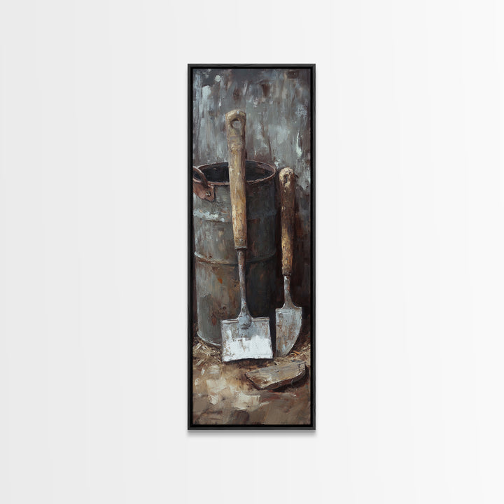 Rustic Shovels In Metal Bucket Canvas Print, Farmhouse Wall Decor, Garden Tool Still Life, Industrial Office Decor Gift For Him