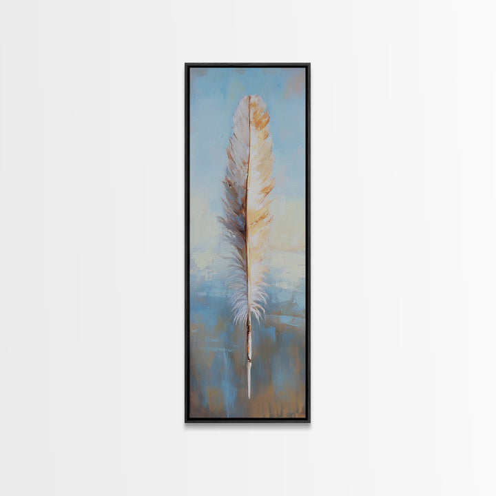 Single White Feather On Blue Horizon Wall Art, Minimalist Coastal Decor, Boho Nature Art Print, Calming Bedroom Decor Gift