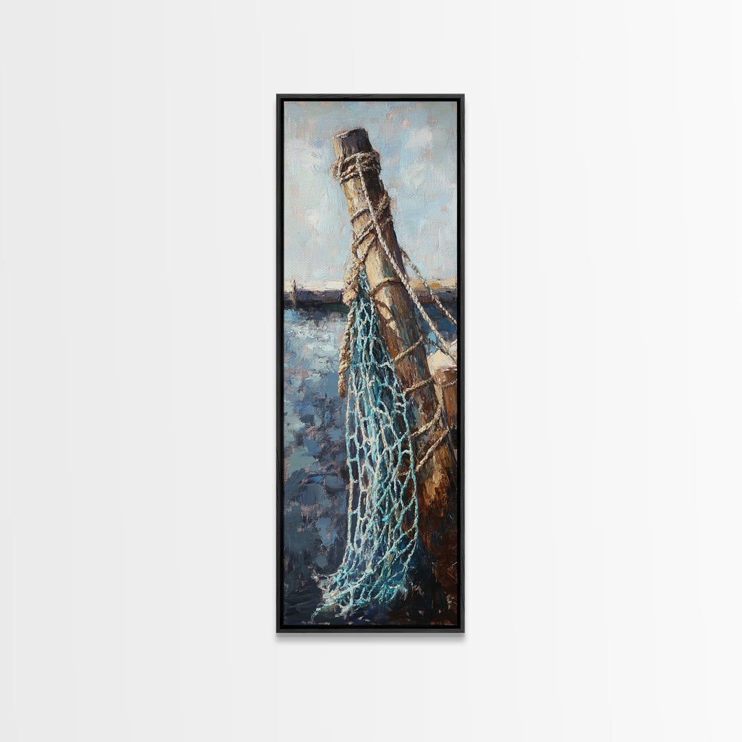 Weathered Dock Piling And Fishing Net Wall Art, Nautical Coastal Decor, Ocean Painting, Beach House Decor, Gift For Him, Lake House Art