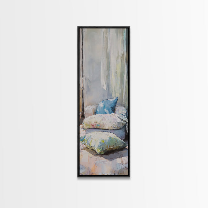 Cozy Window Pillows Framed Canvas Print, Soft Neutral Wall Art, Bedroom Decor, Above Bed Art, Guest Room Decor Gift For Her