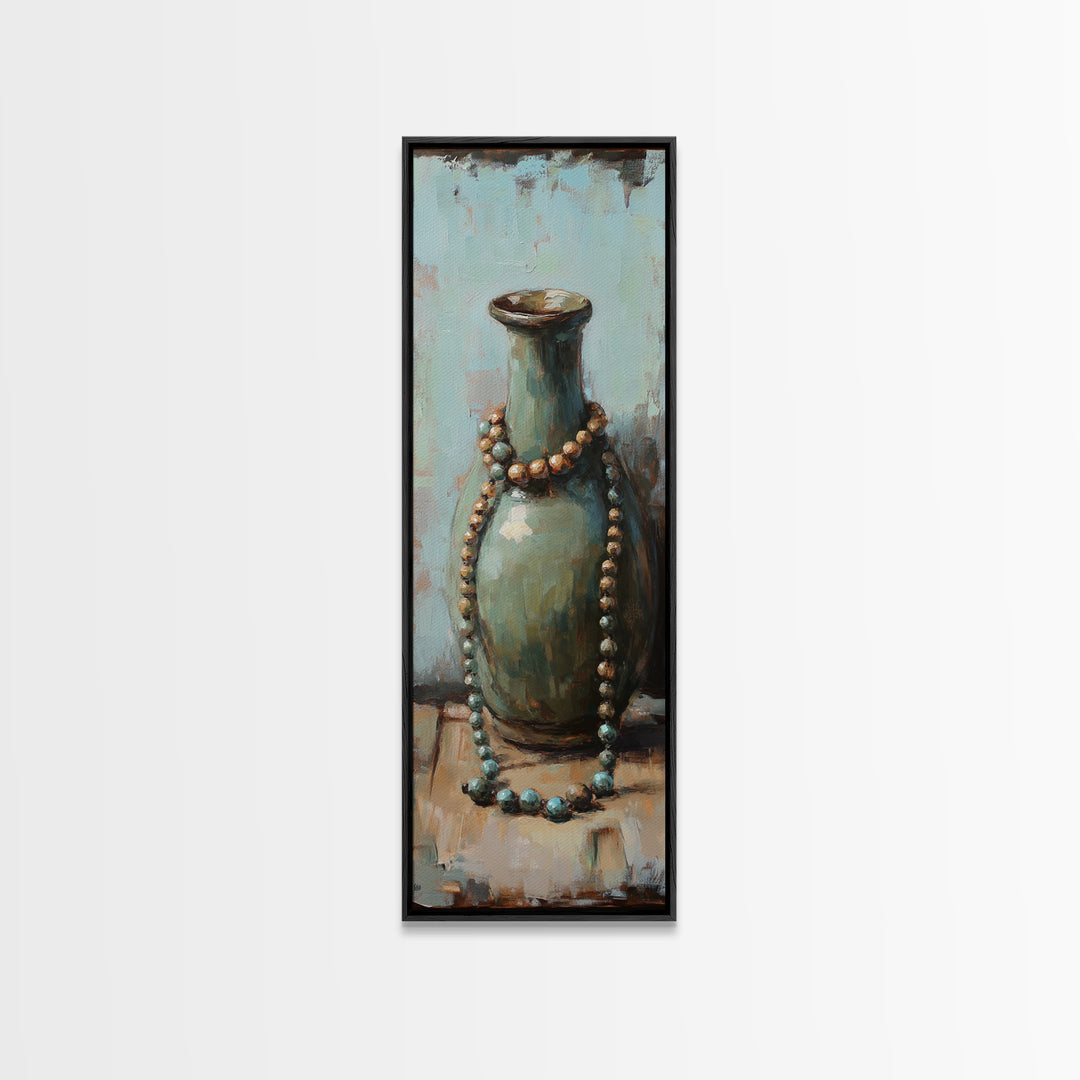Turquoise Ceramic Vase With Beaded Necklace Canvas Print, Boho Wall Art, Still Life Painting, Eclectic Home Decor Gift For Her