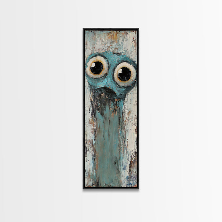 Wide Eyed Blue Owl Portrait Canvas Print, Whimsical Animal Wall Art, Quirky Nursery Decor, Funny Bird Gift For Kids Room Decor