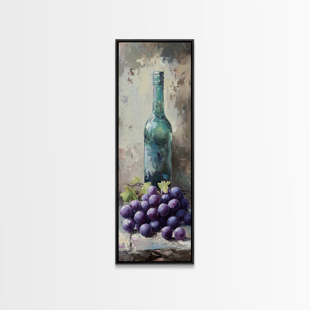 Teal Wine Bottle With Purple Grapes Canvas Print, Winery Wall Art, Rustic Kitchen Decor, Still Life Art For Dining Room Decor