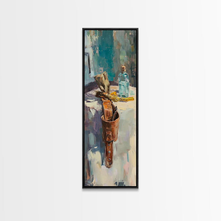 Leather Satchel And Blue Bottle Studio Still Life Framed Canvas Print, Rustic Wall Art, Office Decor, Gift For Him, Man Cave Decor
