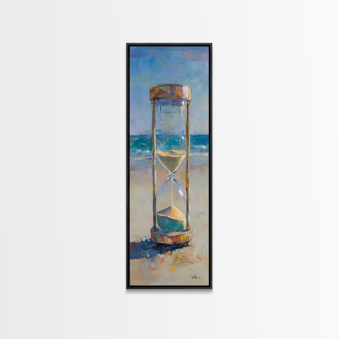 Beach Hourglass On Sandy Shore Canvas Print, Coastal Oil Painting, Nautical Ocean Wall Decor For Beach House Living Room