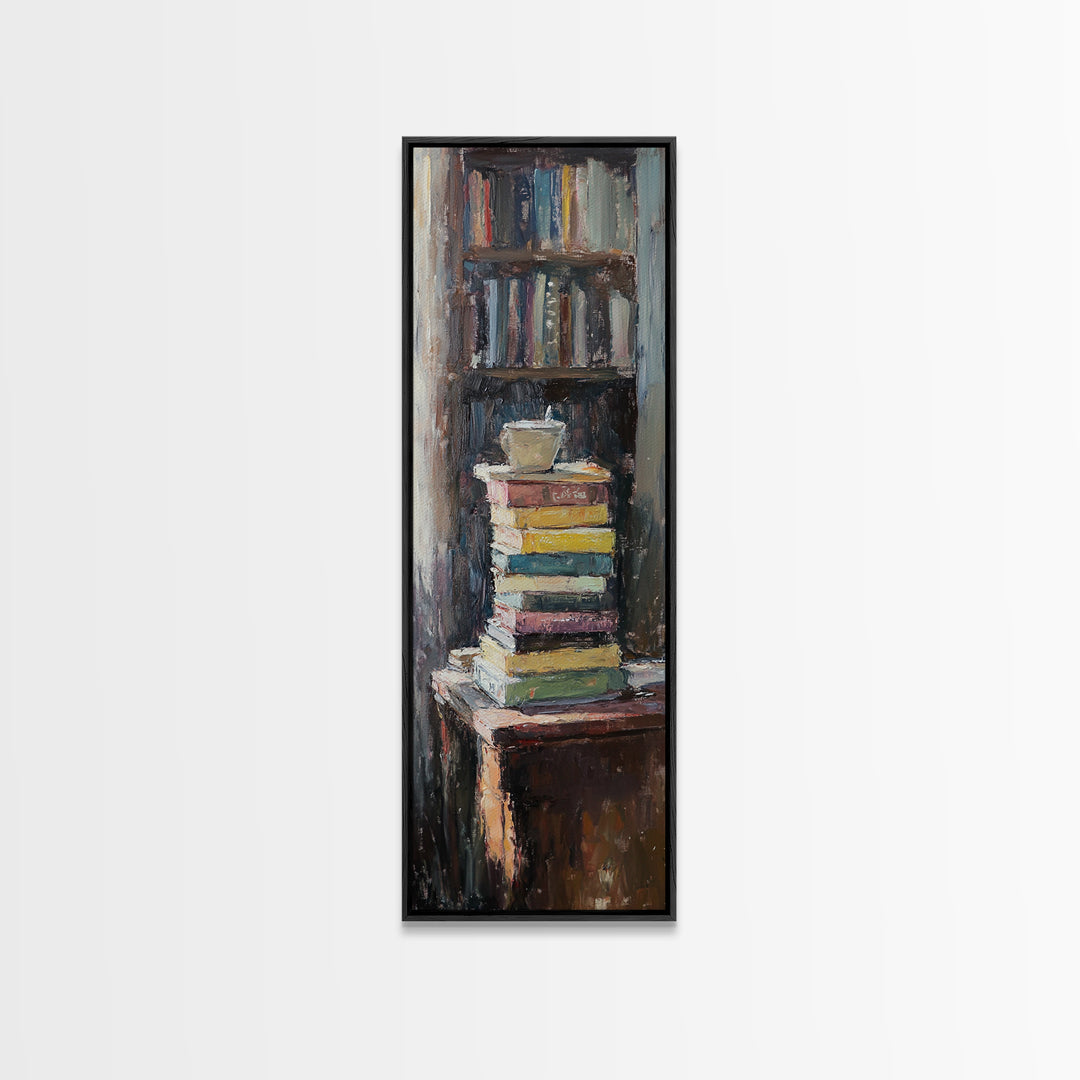 Stack Of Books And Coffee Mug Wall Art, Cozy Library Oil Painting Print, Book Lover Reading Nook Home Office Decor Gift For Readers