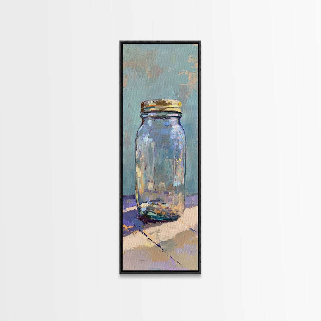 Clear Mason Jar On Blue Table Wall Art, Modern Rustic Still Life Oil Painting Print, Minimal Farmhouse Kitchen Home Decor Gift