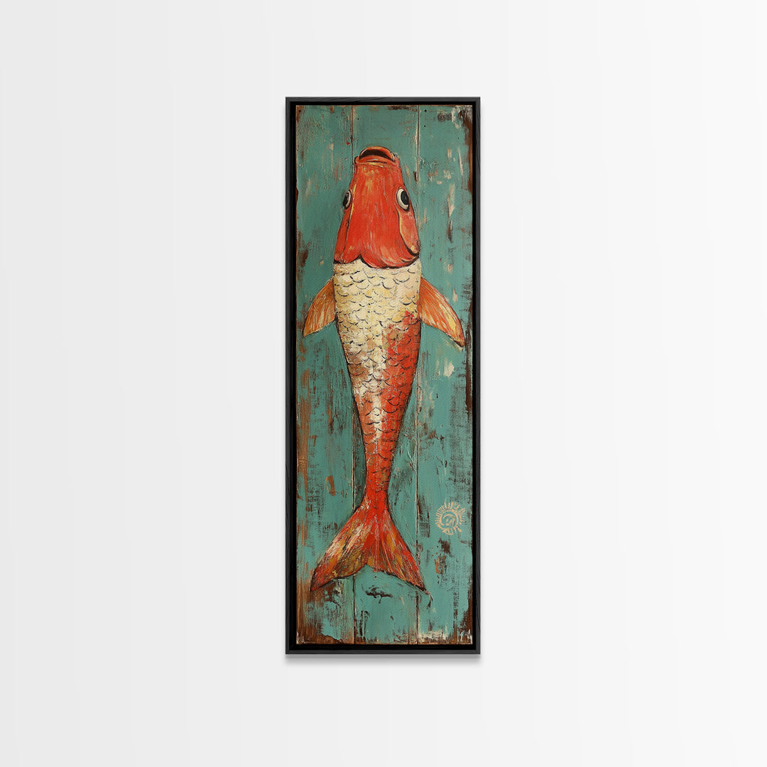 Red Koi Fish On Turquoise Wood Wall Art, Nautical Coastal Canvas Print, Rustic Beach House Decor, Ocean Lover Gift For Him