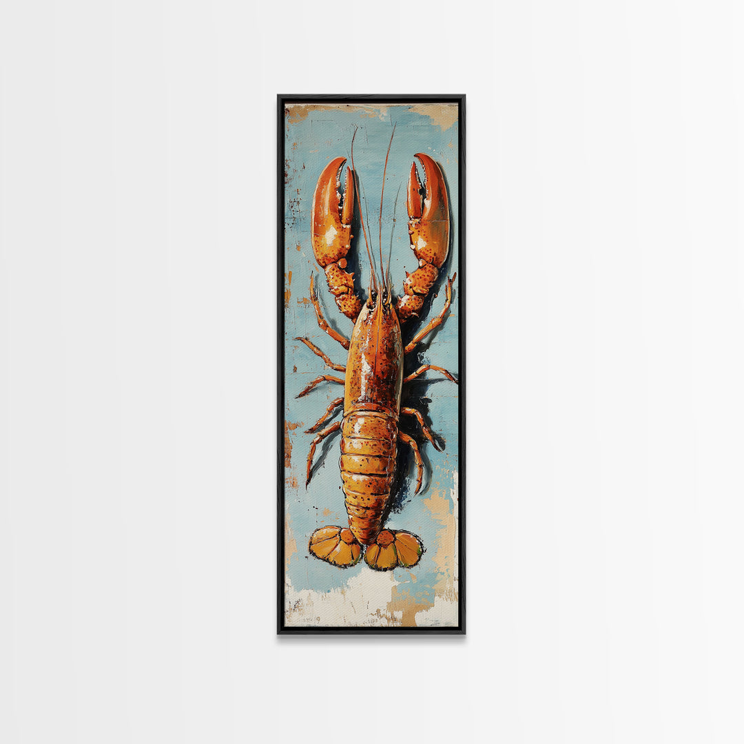 Orange Lobster On Weathered Blue Wall Art, Coastal Kitchen Decor, Nautical Canvas Print, Seafood Wall Decor, Beach House Gift