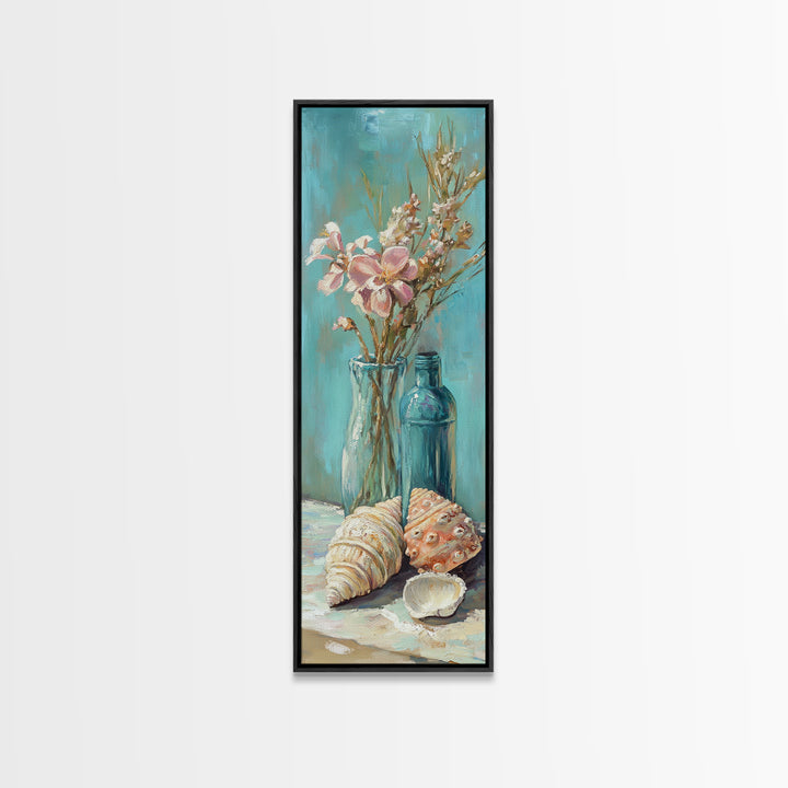 Coastal Seashells And Blue Bottles Wall Art, Beach Canvas Print, Nautical Decor, Ocean Wall Art, Beach House Gift For Her