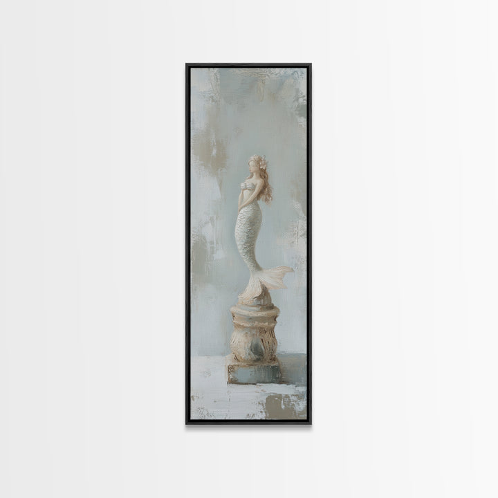 White Mermaid Statue Coastal Wall Art, Nautical Bathroom Canvas Print, Beach House Decor, Feminine Fantasy Gift For Her Home