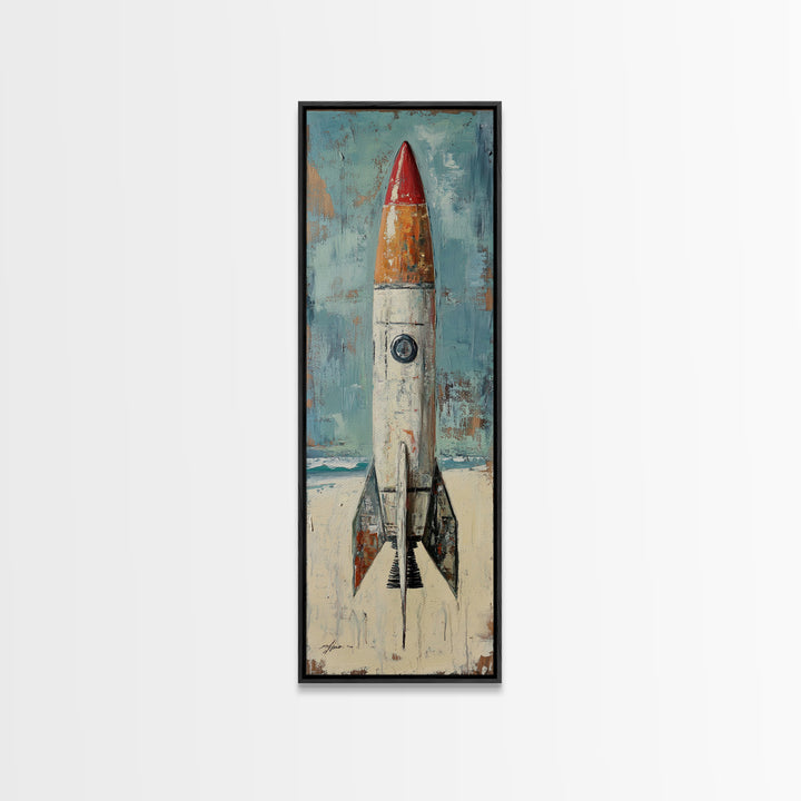 Retro Red Rocket Ship Canvas Print, Space Wall Art, Futuristic Wall Decor, Kids Room Decor, Sci Fi Nursery Art Gift For Boys