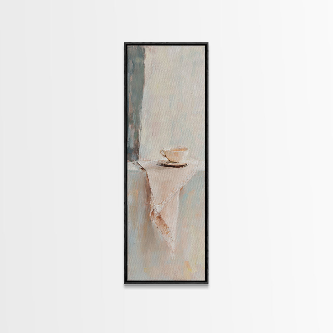 Minimalist Teacup On Linen Shelf Wall Art, Neutral Kitchen Decor, Coffee Bar Art Print, Japandi Canvas Print, Gift For Her