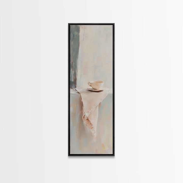 Minimalist Teacup On Linen Shelf Wall Art, Neutral Kitchen Decor, Coffee Bar Art Print, Japandi Canvas Print, Gift For Her