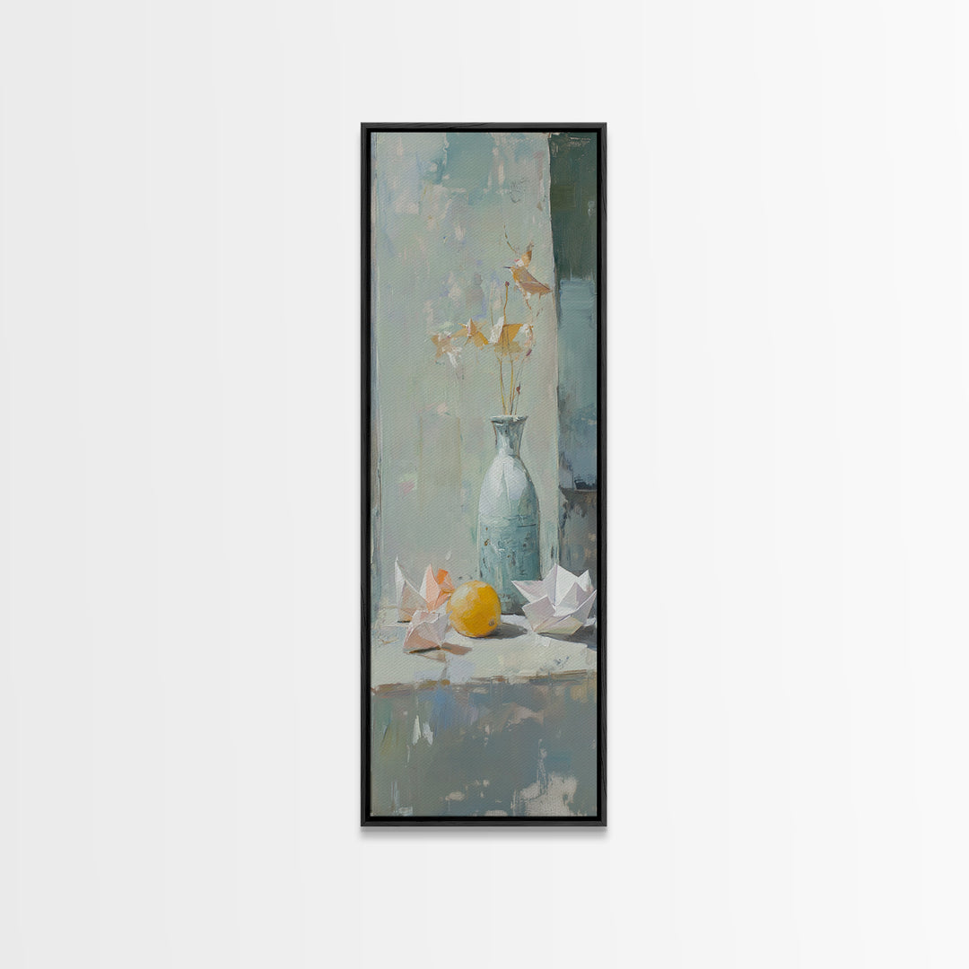 Blue Vase With Paper Cranes And Lemon Wall Art, Soft Still Life Canvas Print For Kitchen Decor And Neutral Home Decor Gift