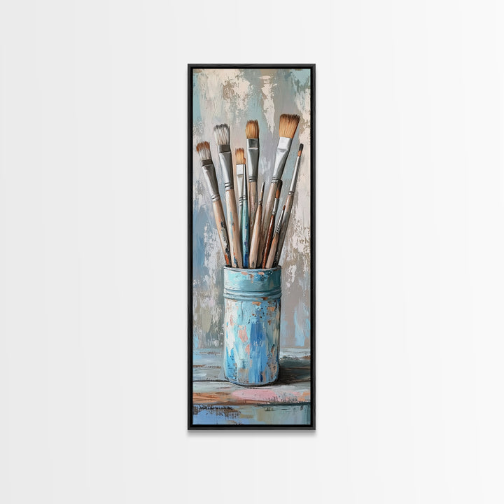 Paint Brushes In Blue Tin Wall Art, Artist Studio Canvas Print For Office Decor, Creative Home Decor And Gift For Art Lover
