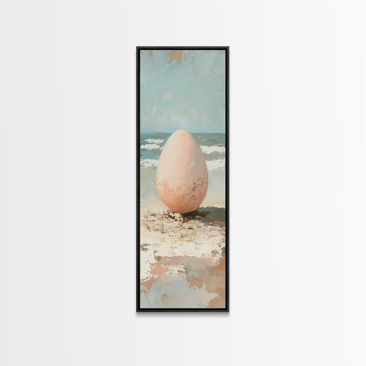 Speckled Egg On Sandy Beach Canvas Print, Surreal Coastal Wall Art For Beach House Decor, Ocean Wall Decor And Unique Gift