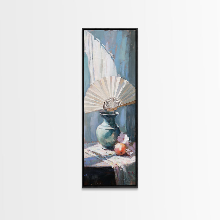 White Folding Fan Over Blue Vase Wall Art, Japandi Canvas Print For Bedroom Decor, Elegant Still Life And Modern Home Decor