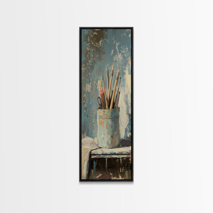 Paintbrushes In Blue Cup Wall Art, Artist Studio Canvas Print, Rustic Creative Office Decor For Art Lover Gift And Home Decor
