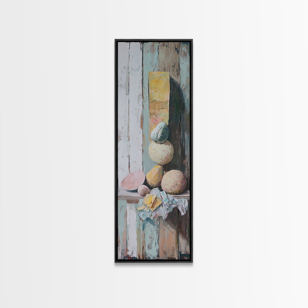 Pastel Stone Stack Still Life Framed Canvas Print, Wabi Sabi Wall Art, Neutral Rustic Decor, Organic Modern Art Gift For Her