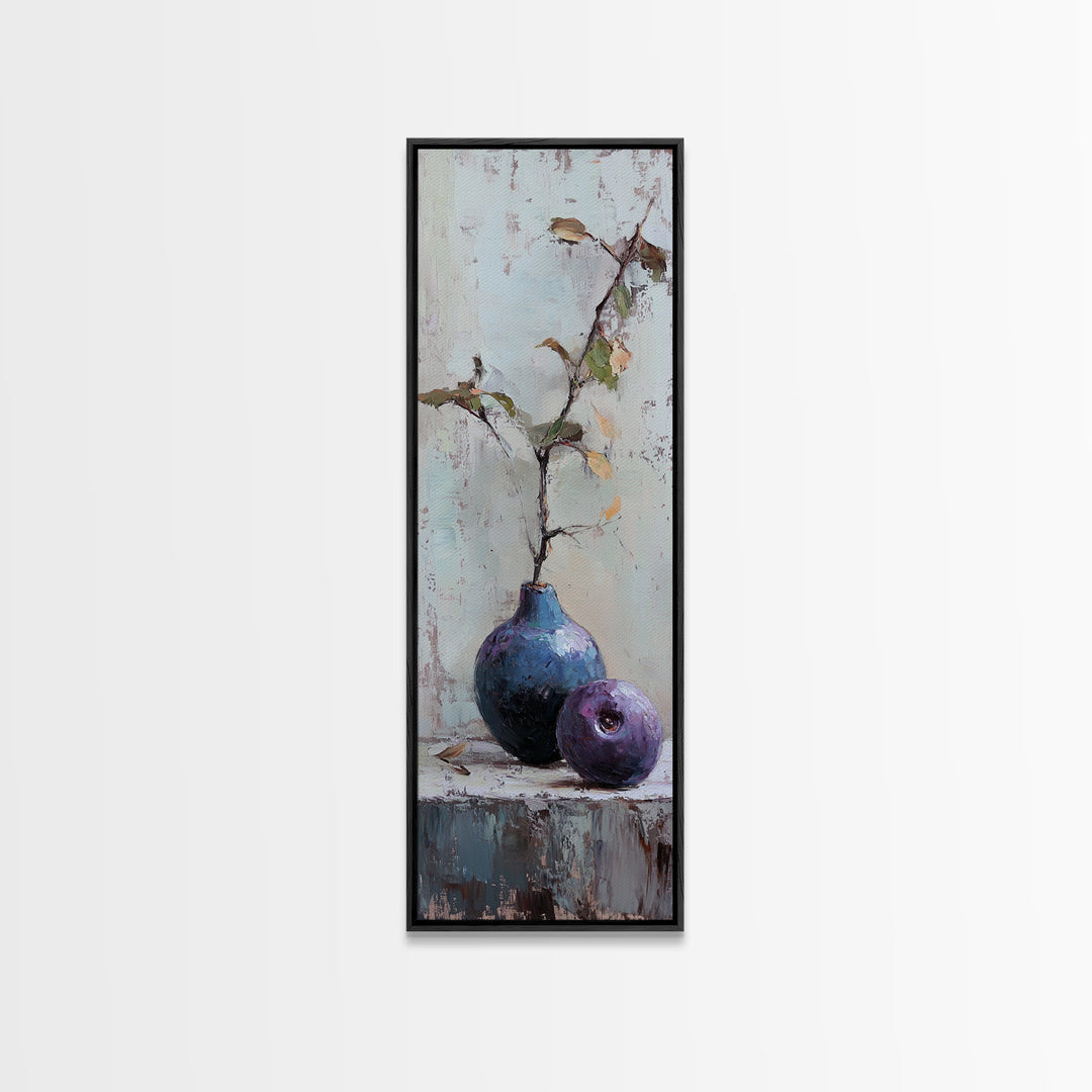 Rustic Blue Vase And Purple Fruit Still Life Wall Art, Textured Botanical Canvas Print For Kitchen And Living Room Decor