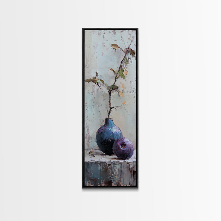 Rustic Blue Vase And Purple Fruit Still Life Wall Art, Textured Botanical Canvas Print For Kitchen And Living Room Decor