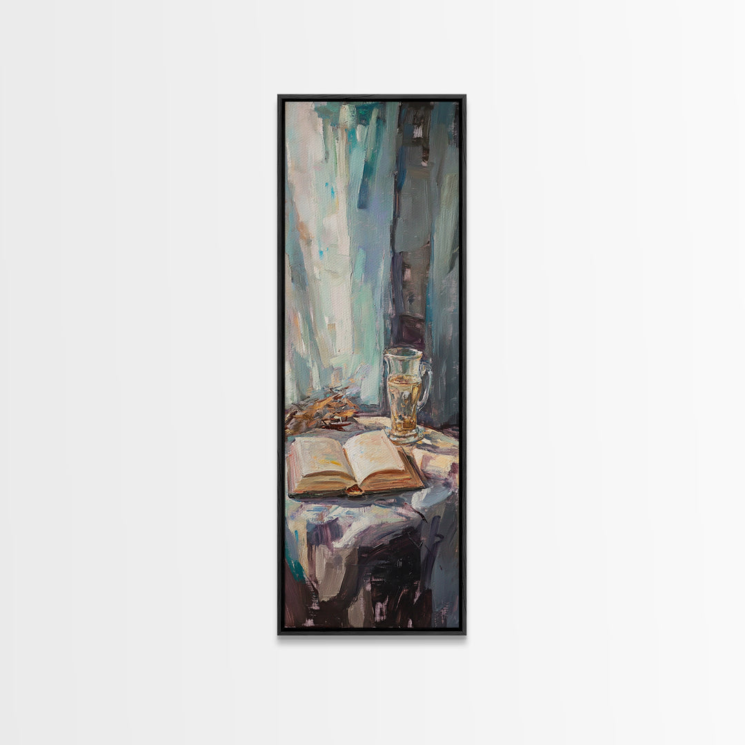 Open Book And Wine Glass By Window Wall Art, Moody Reading Nook Canvas Print For Library Decor, Home Office Decor And Book Lover Gift