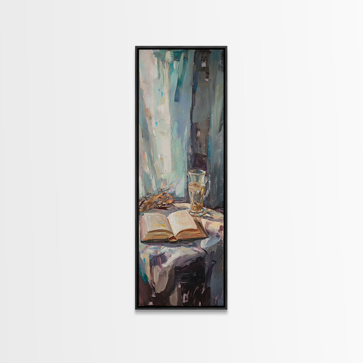 Open Book And Wine Glass By Window Wall Art, Moody Reading Nook Canvas Print For Library Decor, Home Office Decor And Book Lover Gift