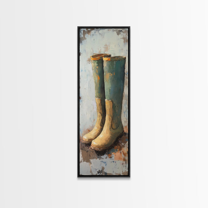 Tall Green Rain Boots Oil Painting Canvas Print, Rustic Farmhouse Decor, Country Wall Art, Mudroom Housewarming Gift For Her