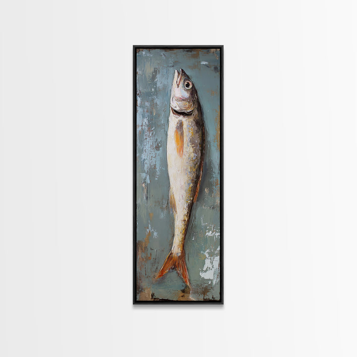 Single Silver Fish Still Life Canvas Print, Nautical Kitchen Wall Art, Coastal Home Decor, Seafood Gift For Fisherman Art Print