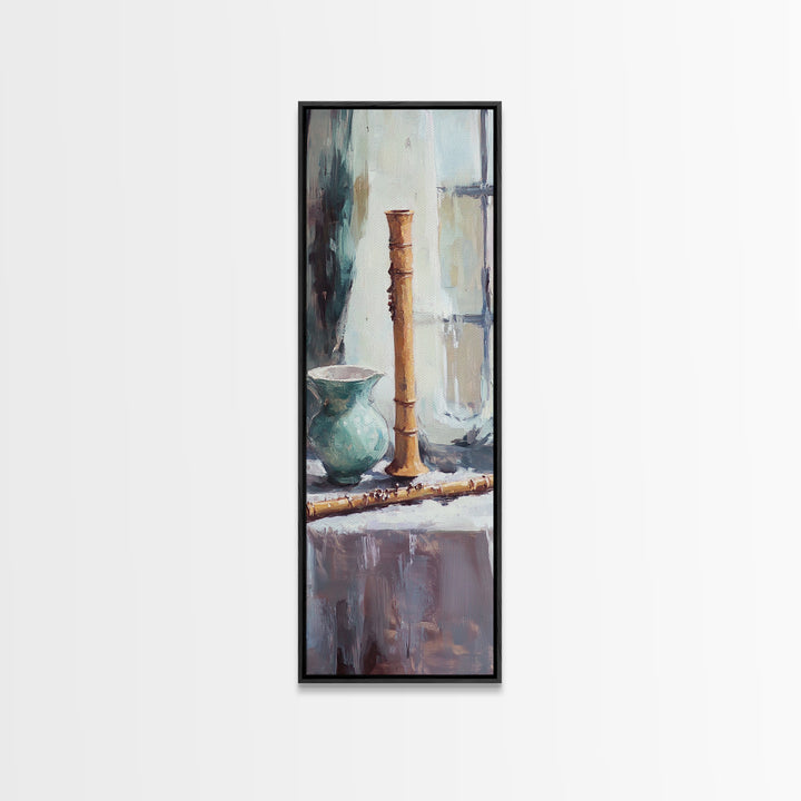 Turquoise Vase And Bamboo Flute Still Life Framed Canvas Print, Japandi Wall Art, Zen Home Decor, Calming Office Art Print