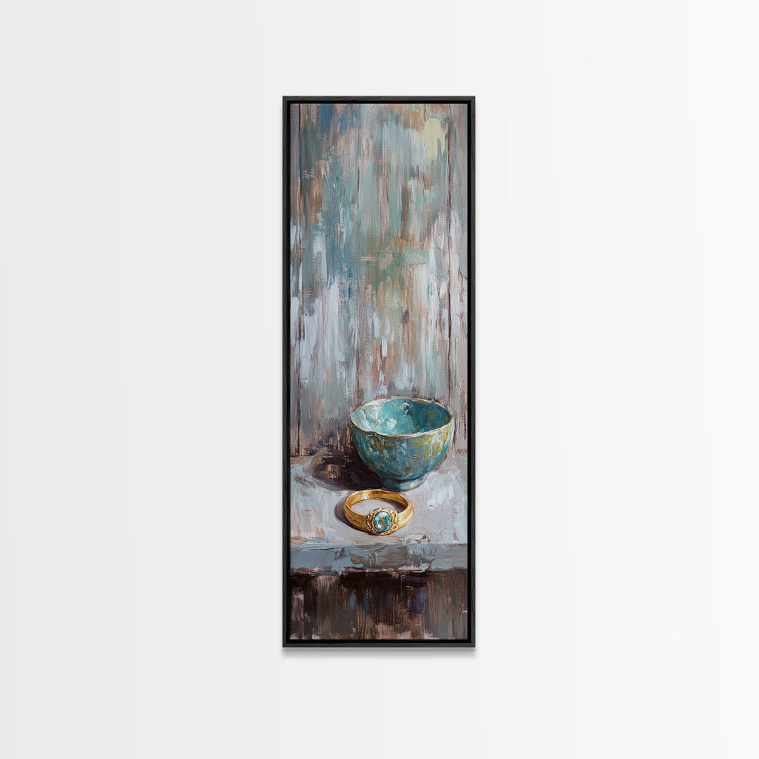 Turquoise Bowl With Gold Ring Oil Painting Canvas Print, Wabi Sabi Wall Art, Rustic Boho Home Decor, Unique Gift For Her