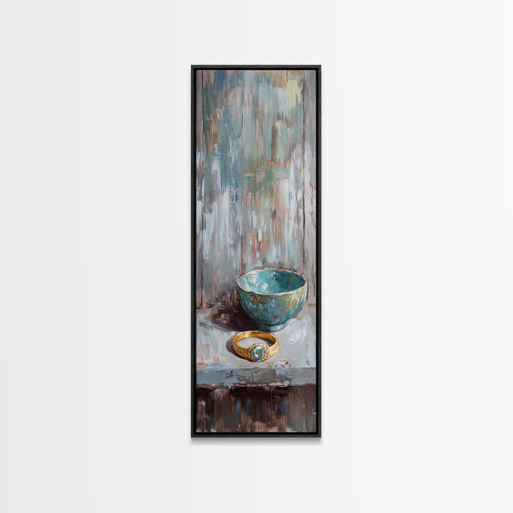 Turquoise Bowl With Gold Ring Oil Painting Canvas Print, Wabi Sabi Wall Art, Rustic Boho Home Decor, Unique Gift For Her