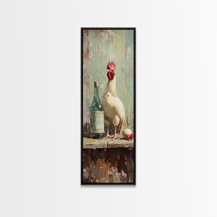 Rustic White Rooster And Green Bottle Framed Canvas Print, Farmhouse Kitchen Wall Art, Country Decor, Chicken Lover Gift