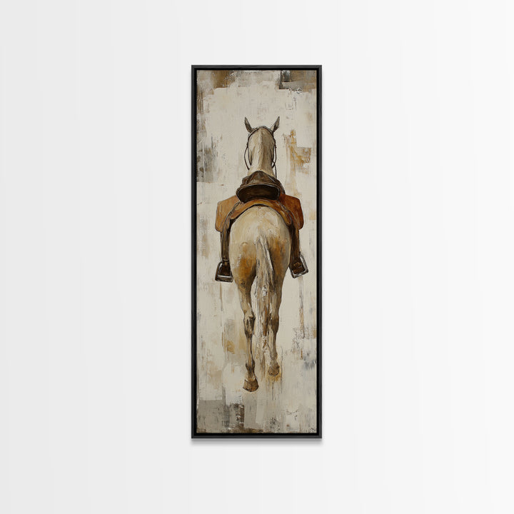 Saddled White Horse From Behind Framed Canvas Print, Equestrian Wall Art, Western Farmhouse Decor, Gift For Horse Lovers