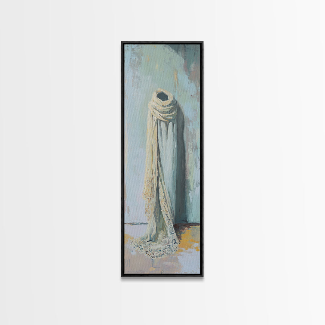 Draped White Scarf On Blue Wall Canvas Print, Minimalist Textile Wall Art, Neutral Bedroom Decor, Soft Wabi Sabi Art, Calming Decor