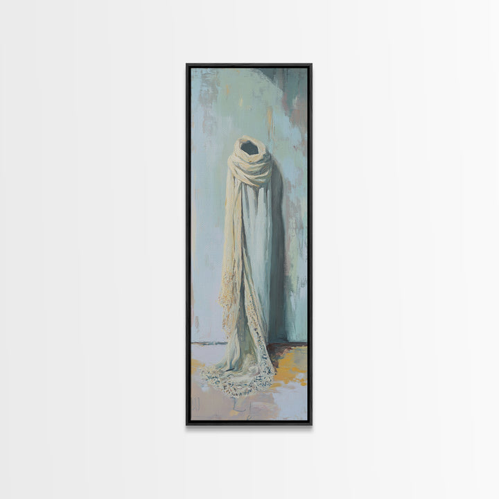 Draped White Scarf On Blue Wall Canvas Print, Minimalist Textile Wall Art, Neutral Bedroom Decor, Soft Wabi Sabi Art, Calming Decor